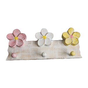 Wooden Plumeria Pink, White & Yellow Wall Hat Hanger Rack Girls Room Decor